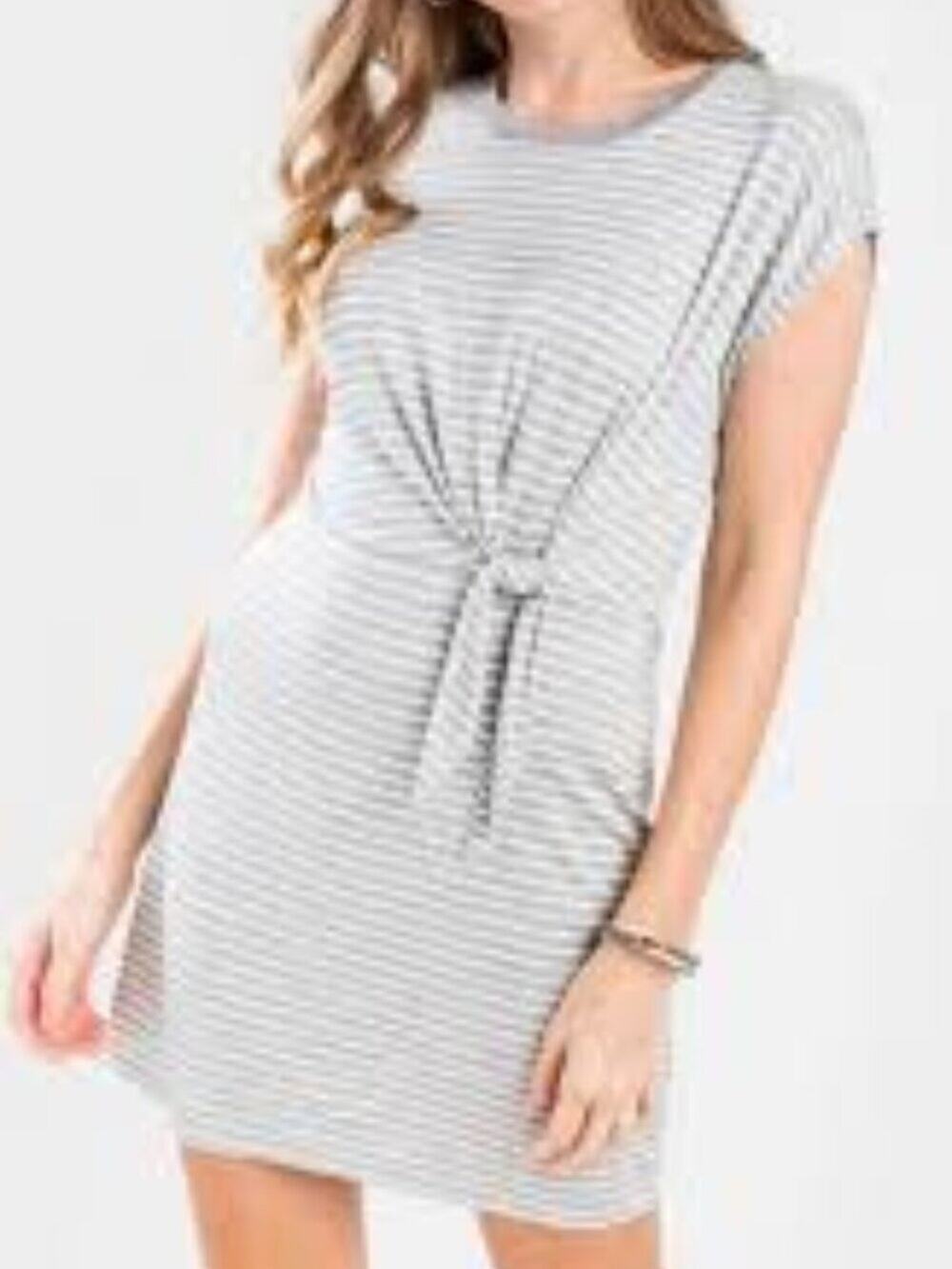 Alya Francesca's Striped Tie-Front T-Shirt Dress Neutral Casual Gray Sz M